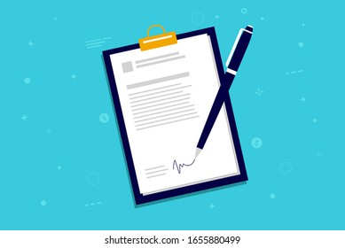 Signing document - Pen making a signature on a contract, rental paper or a treaty with a clipboard. No hands, no people. Vector illustration.