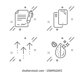 Signing document, Smartphone and Swipe up line icons set. Dirty water sign. Contract, Phone, Scrolling arrow. Aqua drop. Business set. Line signing document outline icon. Vector