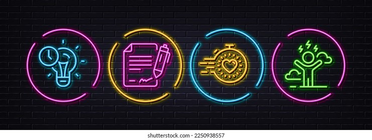 Signing document, Timer and Time management minimal line icons. Neon laser 3d lights. Difficult stress icons. For web, application, printing. Contract, Deadline management, Idea lightbulb. Vector