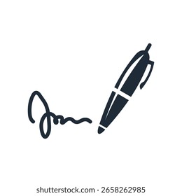 Signing documents, agreements, contracts. Pen with signature. Vector linear icon illustration isolated on white background.