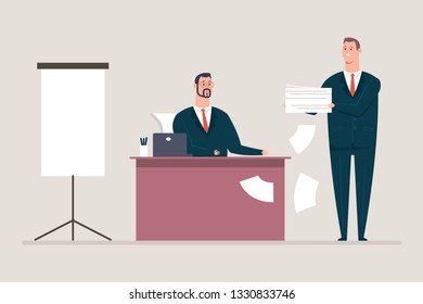 Signing of documents and contracts. Businessman and man secretary vector cartoon character. Office concept illustration isolated on background.