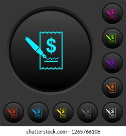 Signing Dollar cheque dark push buttons with vivid color icons on dark grey background