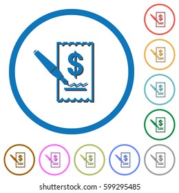 Signing Dollar cheque flat color vector icons with shadows in round outlines on white background