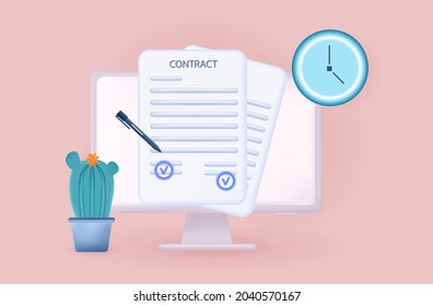 Signing an electronic contract 3d.  Business agreement page with electronic smart signature of partners on a computer. Confirmed deal, transaction online with a stamp. Financial form on time. Vector 