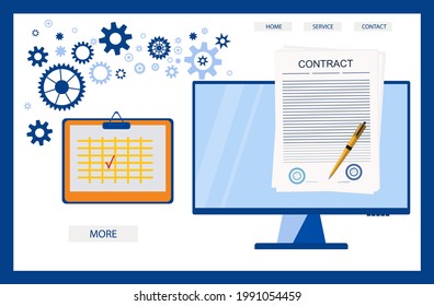 Signing an electronic contract. Online digital agreement with smart signature.Time of a contract or deal in the workplace, on the Internet.Signing document by a sponsor or investor.Vector illustration