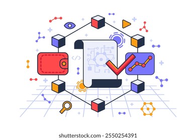 Firma de un documento electrónico con firma digital electrónica mediante tecnología Smart contract. Interfaz de contrato blockchain. Ilustración vectorial de color conceptual aislada sobre fondo blanco