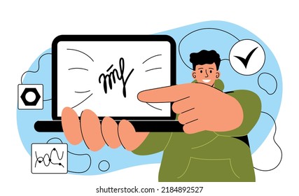 Signing electronic document. Internet security. Confirmation of transactions and orders. Online negotiations. Young man shows his signature on laptop screen. Cartoon flat vector illustration