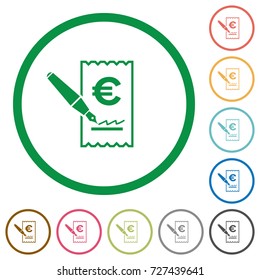 Signing Euro cheque flat color icons in round outlines on white background