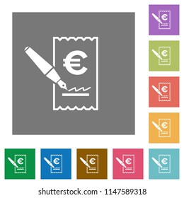 Signing Euro cheque flat icons on simple color square backgrounds