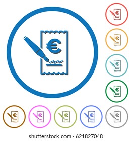 Signing Euro cheque square flat icons flat color vector icons with shadows in round outlines on white background