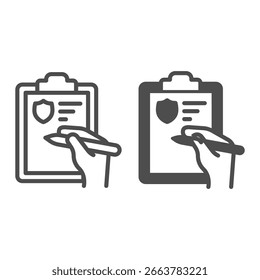 Assinatura da linha fina do documento e do ícone sólido, conceito da carta de condução. Gráficos vetoriais. Documento de papel com emblema de segurança e sinal de mão no fundo branco, ícone de estilo de contorno para design móvel ou web