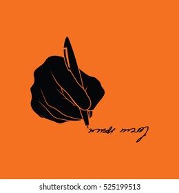 Signing hand icon. Orange background with black. Vector illustration.