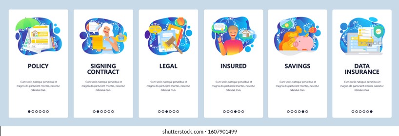 Signing insurance contract, house protection, data security. Mobile app onboarding screens. Menu vector banner template for website and mobile development. Web site design flat illustration.