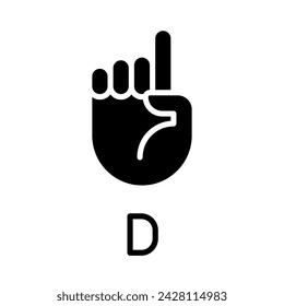 Signing letter D in ASL black glyph icon. Nonverbal communication system. People with deafness support. Silhouette symbol on white space. Solid pictogram. Vector isolated illustration