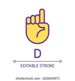 Signing letter D in ASL pixel perfect RGB color icon. Nonverbal system. People with deafness support. Isolated vector illustration. Simple filled line drawing. Editable stroke. Arial font used