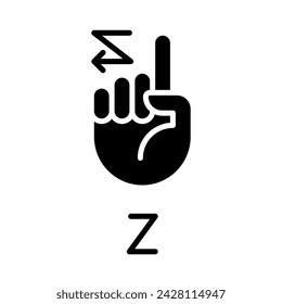 Signing letter Z in ASL black glyph icon. Lenguaje no verbal americano. Lidiando con el problema de la sordera. Símbolo de silueta en espacio blanco. Pictograma sólido. Ilustración aislada del vector