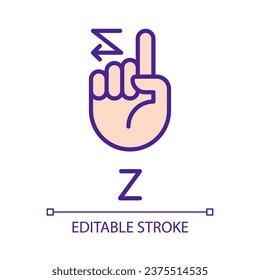 Signing letter Z in ASL pixel perfect RGB color icon. American nonverbal language. Dealing with deafness. Isolated vector illustration. Simple filled line drawing. Editable stroke. Arial font used