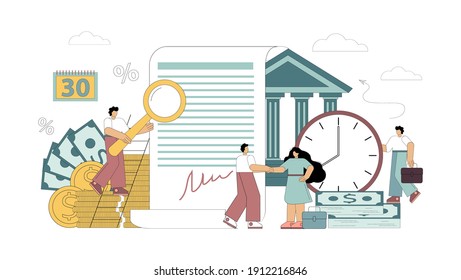 Signing a loan agreement. Buying a property. Borrowing money from a bank for a mortgage. Vector illustration