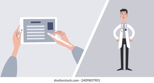 Signing a medical document on a tablet. Choosing a doctor using a tablet. Doctor character design. Conceptual vector illustration.