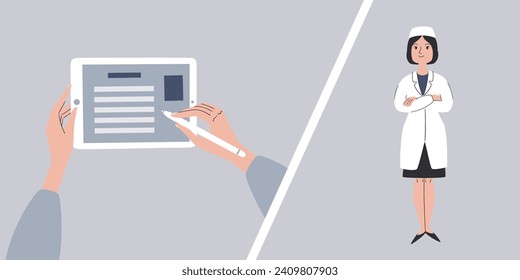 Signing a medical document on a tablet. Choosing a doctor using a tablet. Doctor character design. Conceptual vector illustration.