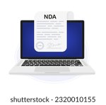 Signing NDA. Nda documents on laptop screen. Non disclosure agreement document. Agreement concept. Signature privacy document. Business confidentiality paper. Vector illustration