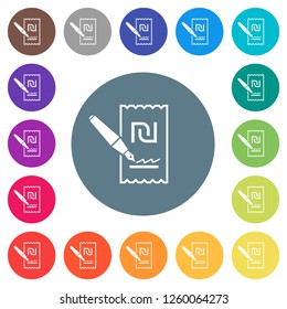 Signing new Shekel cheque flat white icons on round color backgrounds. 17 background color variations are included.