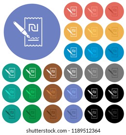 Signing new Shekel cheque multi colored flat icons on round backgrounds. Included white, light and dark icon variations for hover and active status effects, and bonus shades.