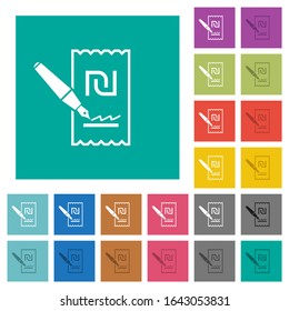 Die Unterschrift des neuen Shekel-Programms überprüft mehrfarbige Flachsymbole auf einfarbigem Hintergrund. Weiße und dunklere Icon-Variationen für Hover oder aktive Effekte.