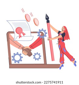 Signing an online contract and successfully completing negotiations, flat vector illustration isolated on white. Online business deal and agreement.