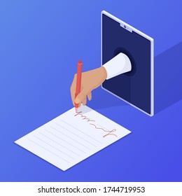Signing online contract. Web signature business agreement placing order hand from tablet signs document online technology arranging vector legal clipart documentation.