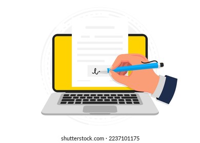 Signing an online document in the computer. Electronic signature concept. Digital signature, electronic contract, e-signature. Vector illustration in flat design for business, web banner, mobile app