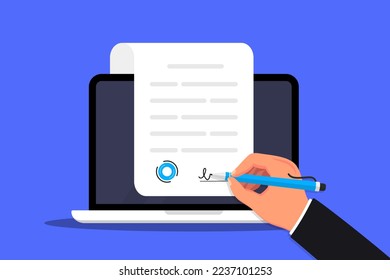 Signing an online document in the computer. Electronic signature concept. Digital signature, electronic contract, e-signature. Vector illustration in flat design for business, web banner, mobile app