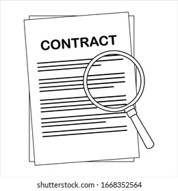Signing a paper contract. Magnifying glass for finding information in a document. Vector illustration in a linear style isolated on white background. A stack of documents with signatures. Icon.