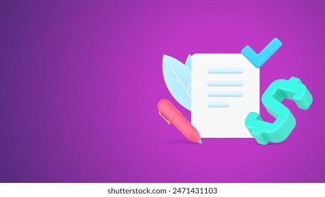 Firma de documento de Acuerdo financiero en papel para pago en efectivo con pluma y marca de verificación completa icono 3d Ilustración vectorial isométrica. Comprobación del contrato de negocio legal para la compra