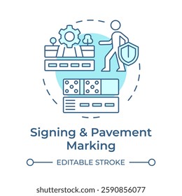 Signing and pavement marking soft blue concept icon. Necessary information to drive. Traffic safety regulation. Round shape line illustration. Abstract idea. Graphic design. Easy to use in brochure