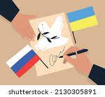 The signing of a peace treaty. A sheet of paper with the image of a dove of peace, the flags of Russia and Ukraine. A hand with a pen that signs a document. Vector image.