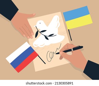 The signing of a peace treaty. A sheet of paper with the image of a dove of peace, the flags of Russia and Ukraine. A hand with a pen that signs a document. Vector image.