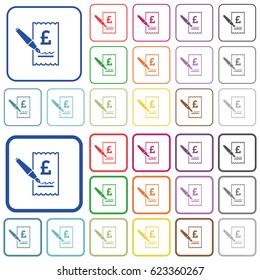 Signing Pound cheque color flat icons in rounded square frames. Thin and thick versions included.