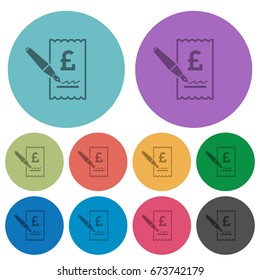 Signing Pound cheque darker flat icons on color round background