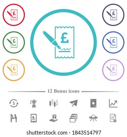 Signing Pound cheque flat color icons in circle shape outlines. 12 bonus icons included.