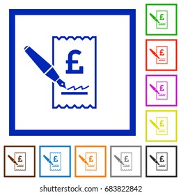 Signing Pound cheque flat color icons in square frames on white background
