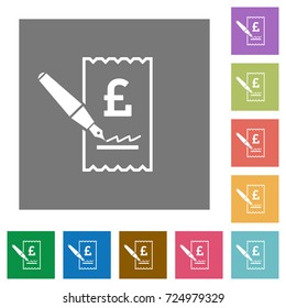 Signing Pound cheque flat icons on simple color square backgrounds