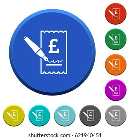 Signing Pound cheque round color beveled buttons with smooth surfaces and flat white icons