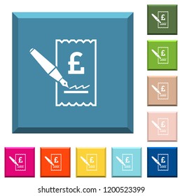 Signing Pound cheque white icons on edged square buttons in various trendy colors