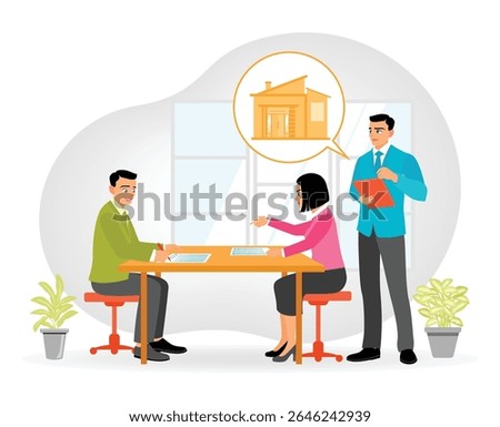 Signing of property document contracts in an office environment, between real estate agents and consumers, which is legally binding. Real estate buying experience concept.
