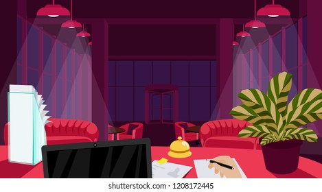 signing in at the reception desk inside the hotel lobby, interior design, vector illustration