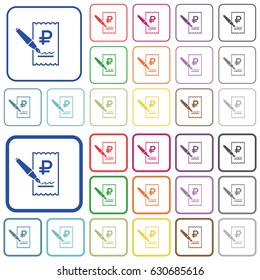 Signing Ruble cheque color flat icons in rounded square frames. Thin and thick versions included.