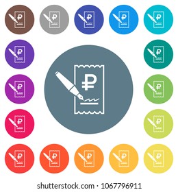 Signing Ruble cheque flat white icons on round color backgrounds. 17 background color variations are included.