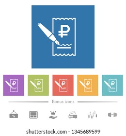 Signing Ruble cheque flat white icons in square backgrounds. 6 bonus icons included.