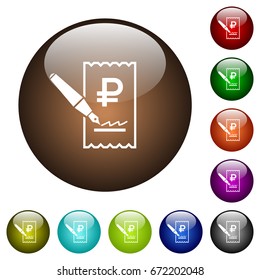 Signing Ruble cheque white icons on round color glass buttons